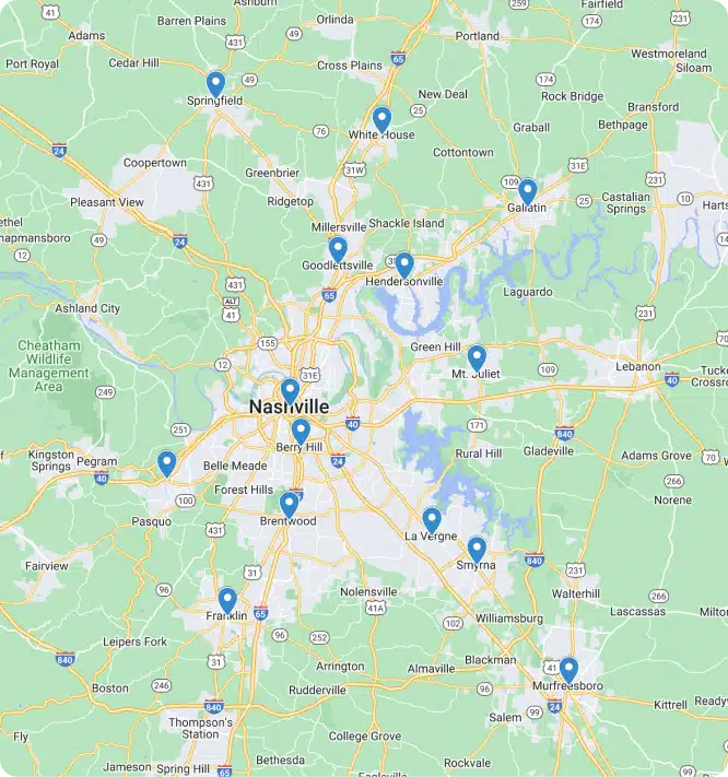 Map Showing Nashville, Tennessee, And Surrounding Areas With Marked Locations, Including Springfield, Gallatin, Murfreesboro, And Franklin, Highlighting Main Roads And Geographical Features.